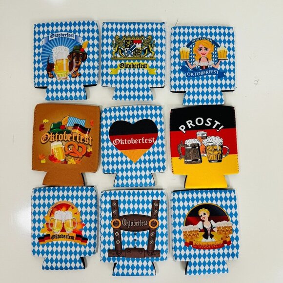 Oktoberfest Beer Can Coolers 9-Pack With Bavarian Patterns & Fun Designs New - Picture 7 of 7